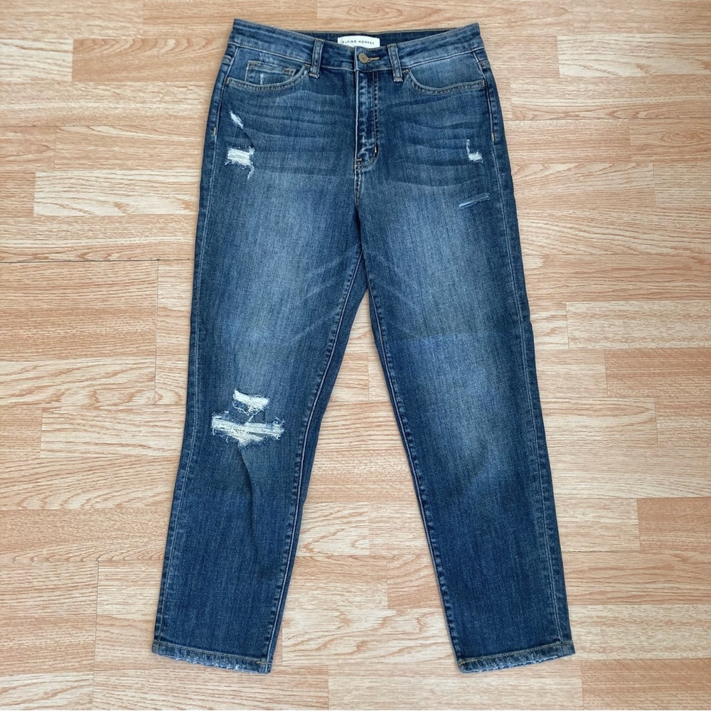 Flying Monkey High Rise Straight Leg Boyfriend Distressed Ripped Mom Jeans 26